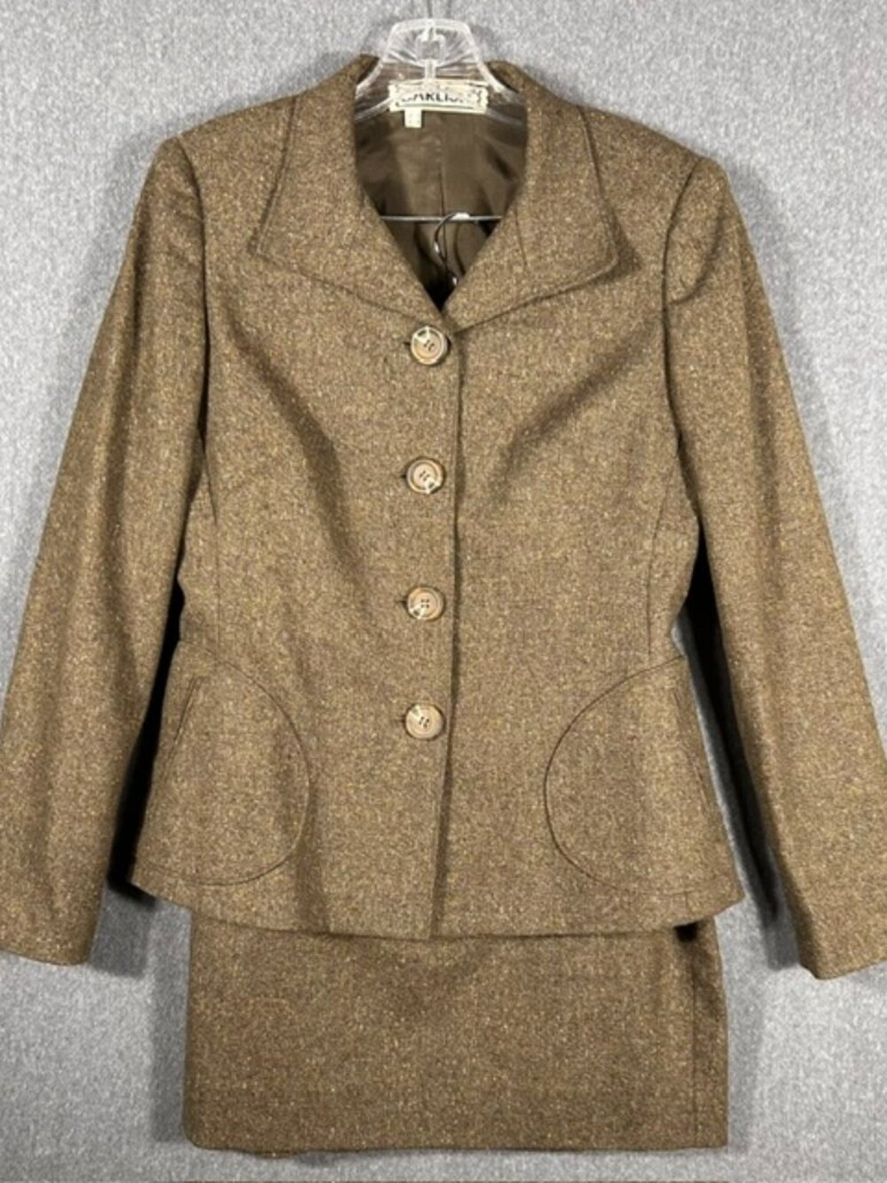 Vintage Carlisle Tweed Skirt Suit Set Womens Sz 4 Brown Button Up Long Sleeve